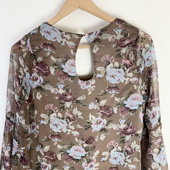 Dee Elle Shift Dress Medium Brown Floral Print Flared Bell Sleeve Crochet Boho M - Picture 7 of 8